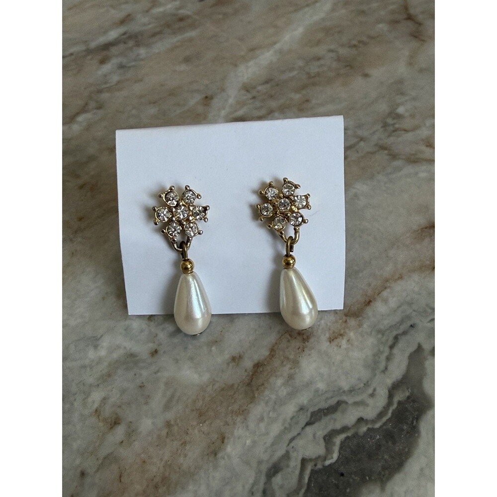 Vintage 1980s Clear Rhinestone Flower Faux Pearl Statement Dangle Earrings